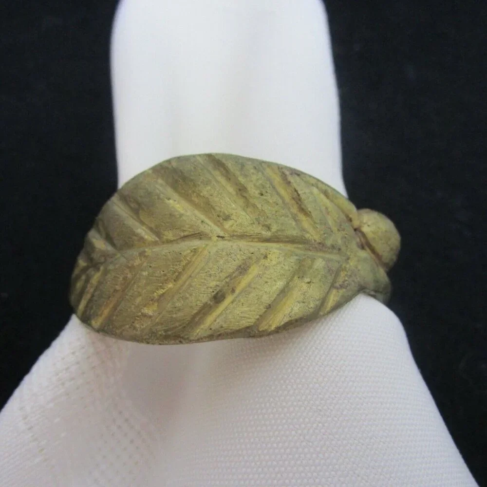 Pounded Forged Metal Leaf Napkin Rings Set of 6 Rustic Farmhouse Flat Gold Color